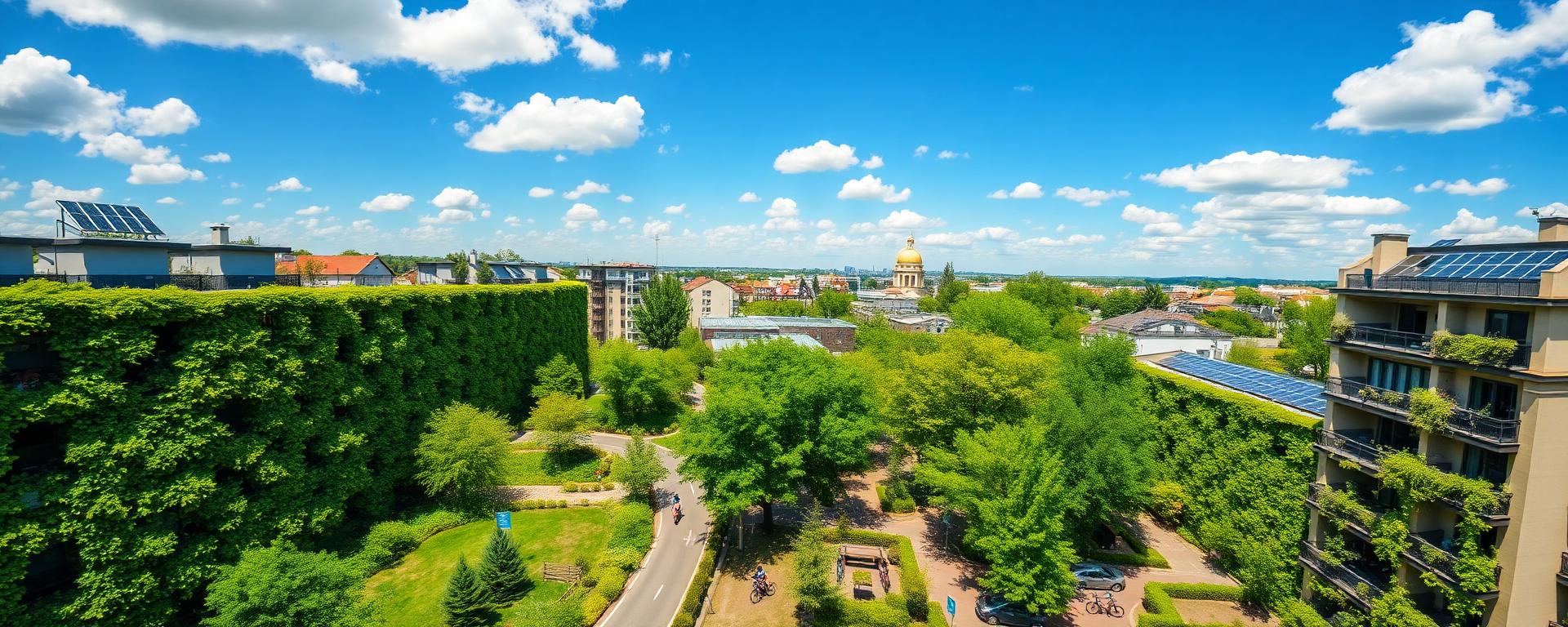 Bright aerial view of a green European city with solar panels, bicycle lanes, and lush vegetation